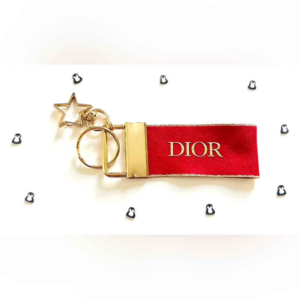 ✨ Dior Keychain Gold + Red Satin Ribbon Star Bag Charm Silver Keyfob ✨ (w/ glue)